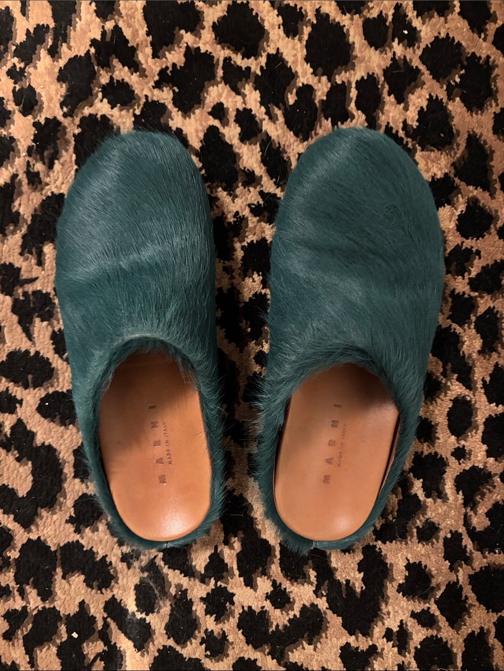 Marni Teal Pony Hair Slip-On Mules